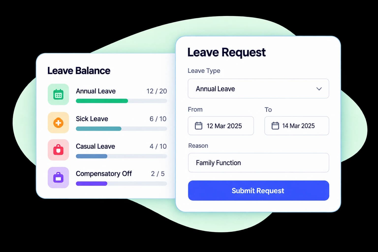 Leave Management dashboard showing employee leave requests and approvals