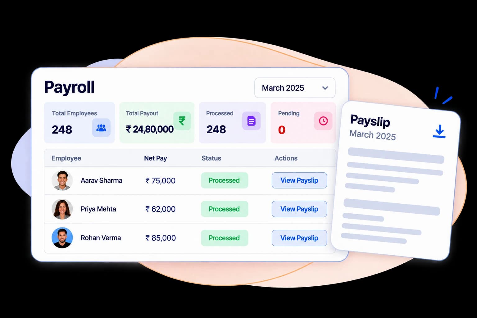 Payroll Processing dashboard showing salary calculations and payslips