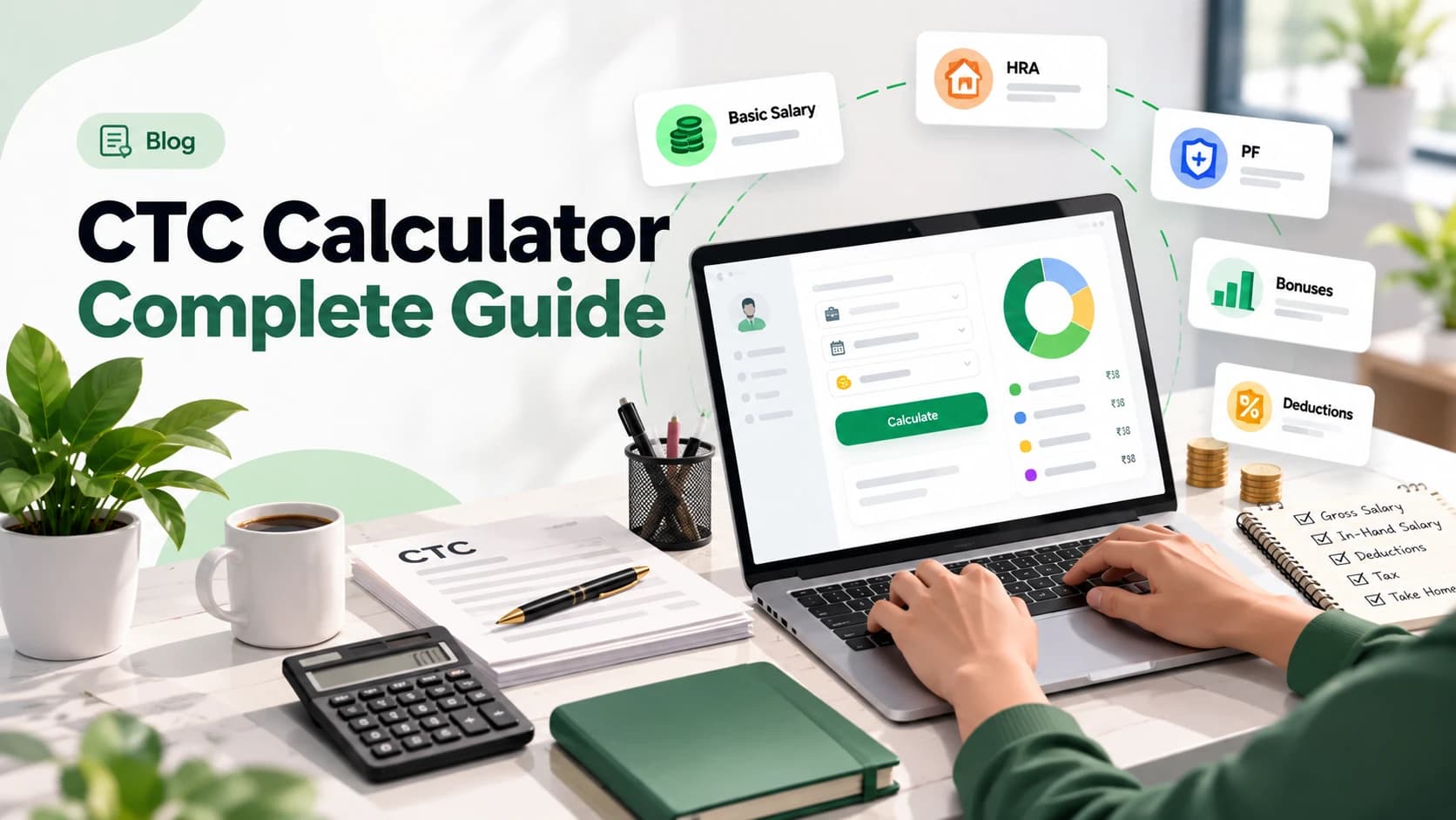 Salary breakdown calculator showing CTC to in-hand conversion with example figures