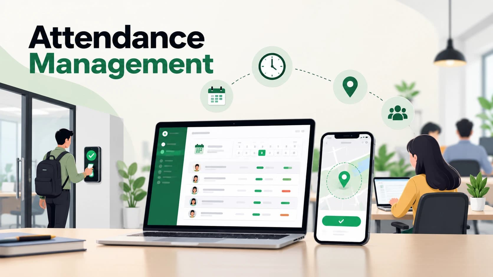 Startup founder checking team attendance on a laptop at a small office