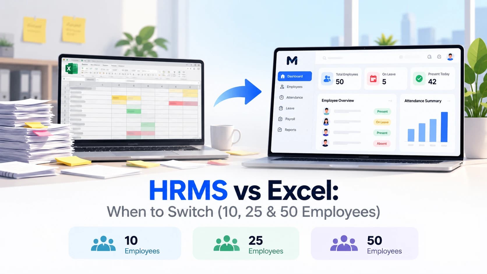 Comparison of an HR Excel sheet versus an HRMS dashboard for a growing team