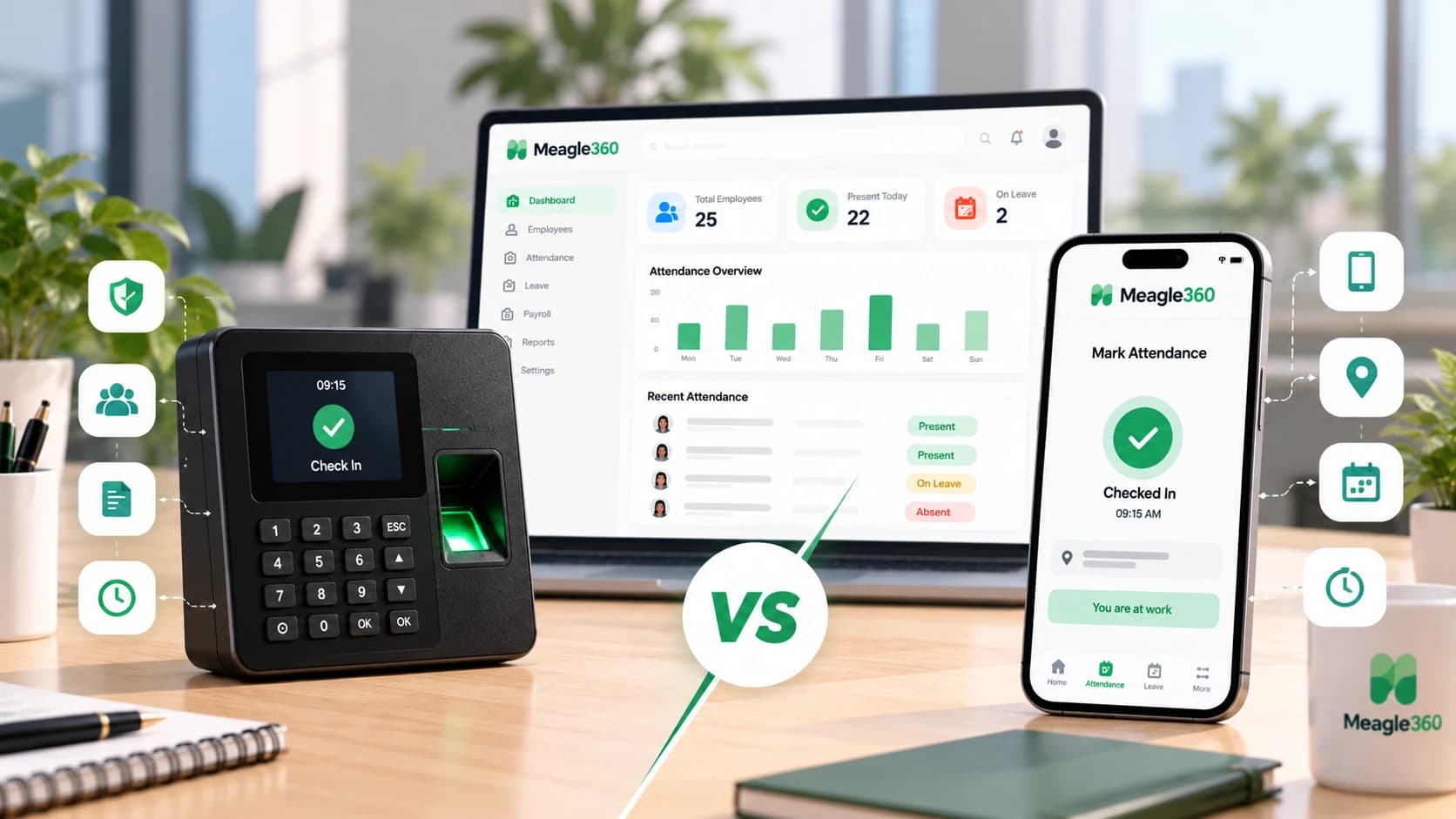 Biometric fingerprint attendance device compared with a mobile attendance app for employees